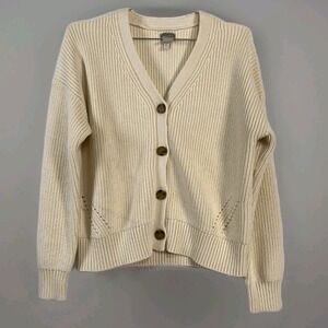 Duluth Trading Co Sweater Mens Large Cream Button V Neck Cardigan Rib Knit